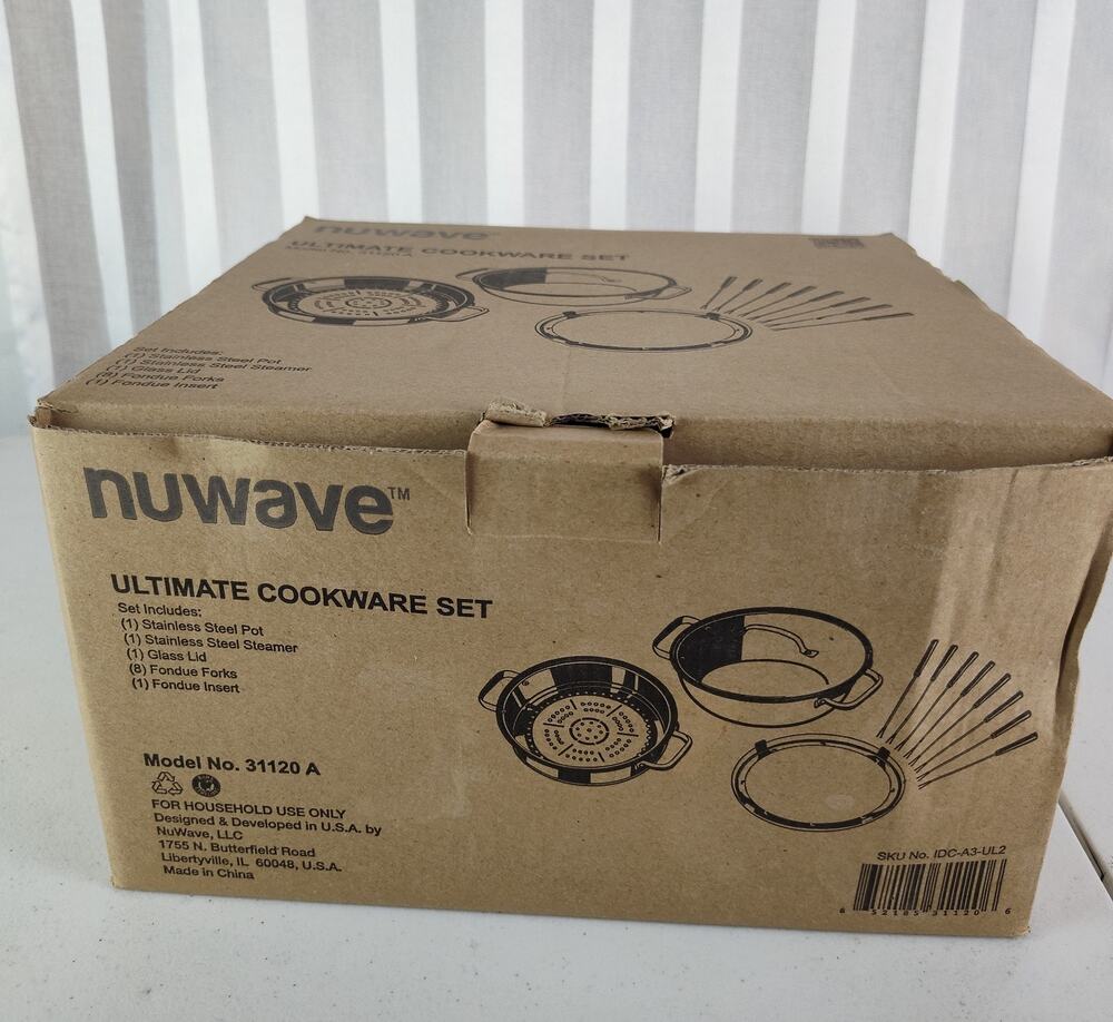 NUWAVE Cookware Set w/3.5" Stainless Pan, Steamer Insert, Fondue Forks & Lid NIB